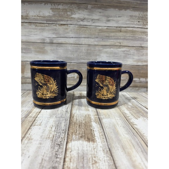 Other - Set of 2 Navy Blue Ceramic Mugs with Gold Bass Fish Design and Gold Trim USA